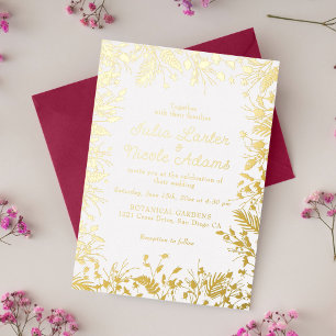 Invitación Con Relieve Metalizado Flores Botánicas Narcisos Margarita Peonía Boda