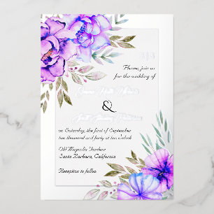 Invitación Con Relieve Metalizado Flores color morado boda floral plata