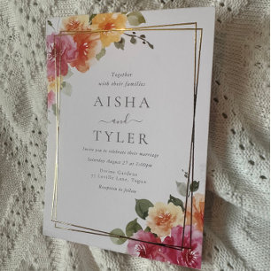 Invitación Con Relieve Metalizado Flores Coloridas y Atractivas Boda Dorada
