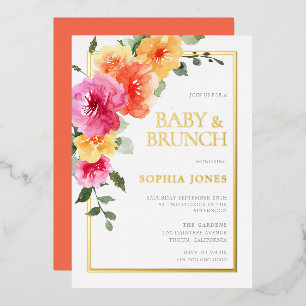 Invitación Con Relieve Metalizado Flores de Acuarela en Negrita Desayuno de Brunch p