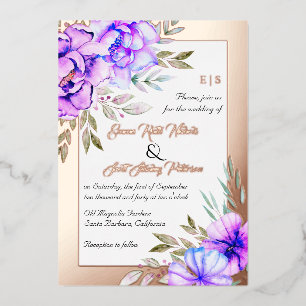 Invitación Con Relieve Metalizado Flores de acuarela moradas boda floral rosa oro
