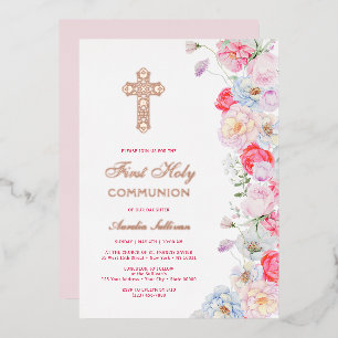 Invitación Con Relieve Metalizado Flores de acuarela Primera Comunión