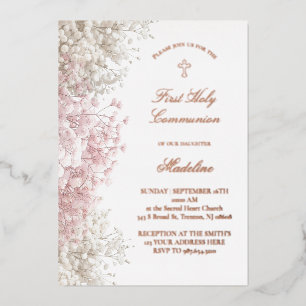 Invitación Con Relieve Metalizado flores de aliento de bebé Primera Comunión