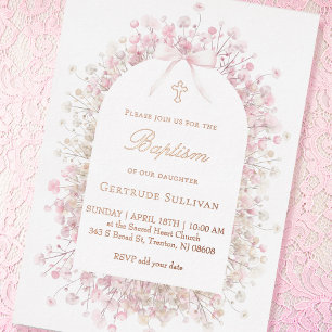 Invitación Con Relieve Metalizado flores de aliento de bebé rosadas blancas Bautizo
