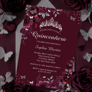 Invitación Con Relieve Metalizado flores de Burgundy plateada Quinceanera