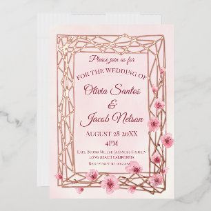 Invitación Con Relieve Metalizado Flores de cerezo en acuarela en una enredadera de 