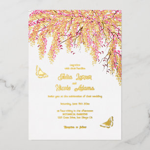 Invitación Con Relieve Metalizado Flores de cerezo rosadas, lluvia floral, boda