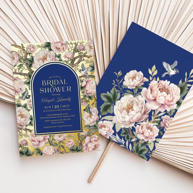 Invitación Con Relieve Metalizado Flores de Chinoiserie azul Marina Gold Ducha de no (Subido por el creador)