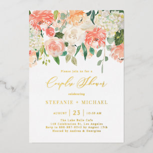 Invitación Con Relieve Metalizado Flores de color marfil y melocotón Ducha Parejas