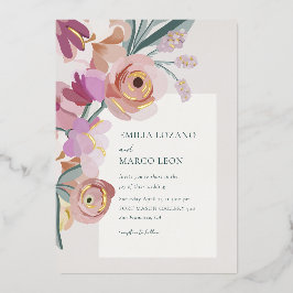 Invitación Con Relieve Metalizado Flores de Gouache