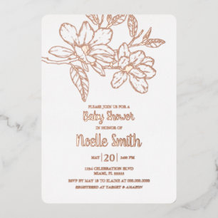 Invitación Con Relieve Metalizado Flores de Magnolia elegantes, Baby Shower