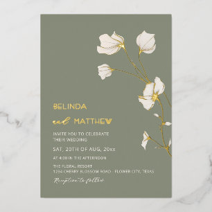 Invitación Con Relieve Metalizado Flores de Marfil Verde Salvia Boda Casual