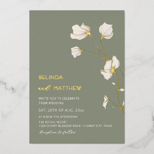 Invitación Con Relieve Metalizado Flores de Marfil Verde Salvia Boda Casual