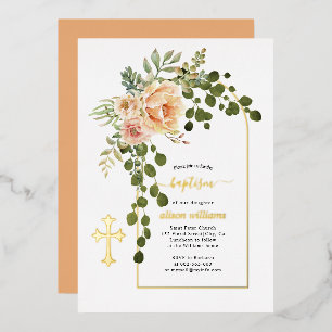 Invitación Con Relieve Metalizado Flores de melocotón coral y bautismo floral de arc