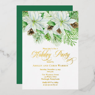 Invitación Con Relieve Metalizado Flores de Nochebuena Blancas   Piñas Fiesta Navide