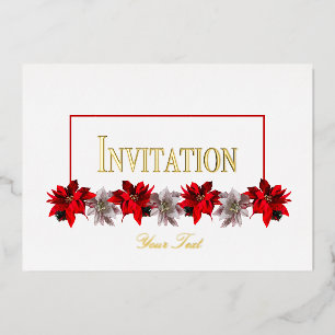 Invitación Con Relieve Metalizado Flores de Nochebuena Blancas y Rojas con Hoja de O