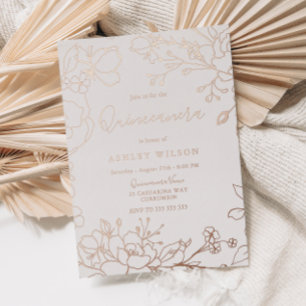 Invitación Con Relieve Metalizado Flores de oro rosa real fiesta de Quinceañera eleg