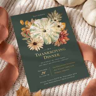 Invitación Con Relieve Metalizado Flores de Otoño Calabaza Acción de Gracias Cena