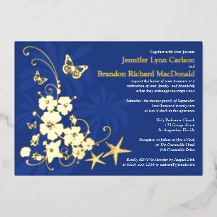 Invitación Con Relieve Metalizado Flores de pan de oro tropical, mariposas Boda