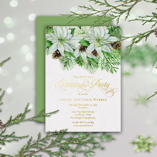 Invitación Con Relieve Metalizado Flores de Pascua Blancas   Piñas Fiesta de Navidad