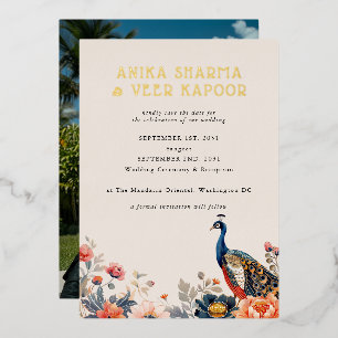 Invitación Con Relieve Metalizado Flores de Pavo Real Indio Foto Boda Guardar la Fec