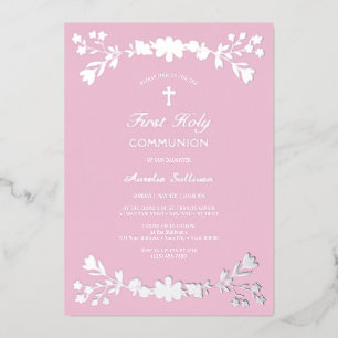 Invitación Con Relieve Metalizado Flores de plata en la primera comunión rosa