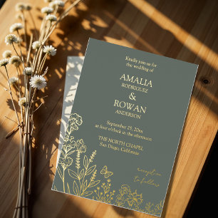 Invitación Con Relieve Metalizado Flores de Prado Siroco Verde Boda