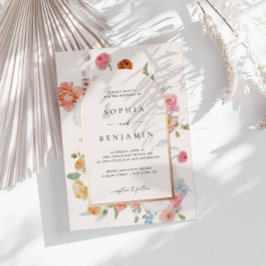 Invitación Con Relieve Metalizado Flores de primavera coloridas arco de boda de oro