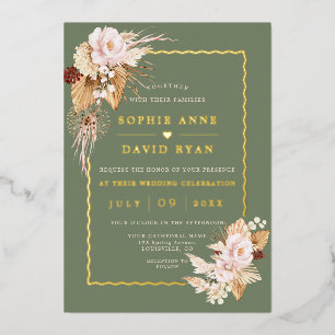 Invitación Con Relieve Metalizado Flores de Rubor Dorado Hierba de Pampas Verde Salv