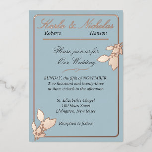 Invitación Con Relieve Metalizado Flores de tulipán, Boda azul pastel, oro Rosa