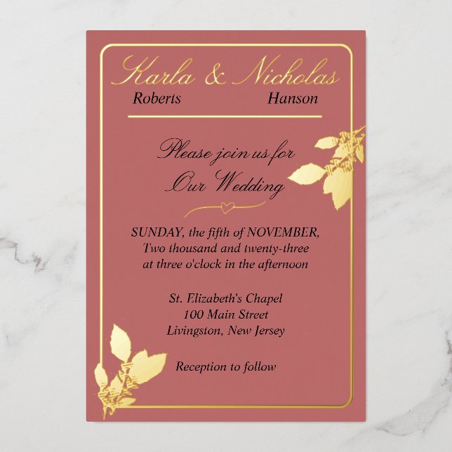 Invitación Con Relieve Metalizado Flores de tulipán, Rosa de canela Boda, oro (Anverso)