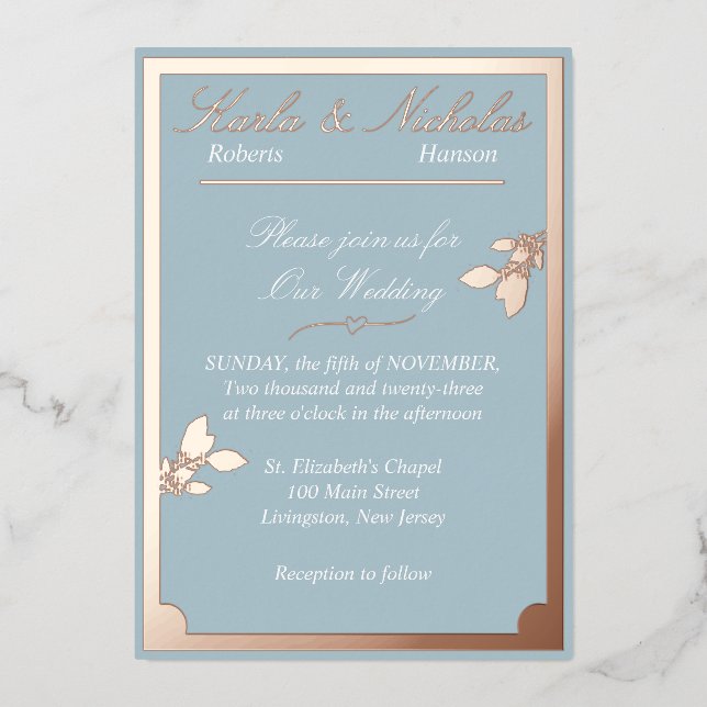 Invitación Con Relieve Metalizado Flores de tulipanes, Boda azul pastel, borde ovala (Anverso)