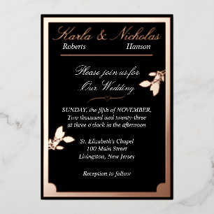 Invitación Con Relieve Metalizado Flores de tulipanes, Boda negro elegante, borde ov