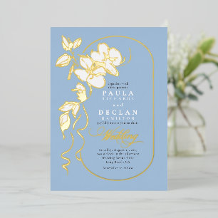 Invitación Con Relieve Metalizado Flores Dibujadas a Mano Boda Azul Polvoriento Eleg