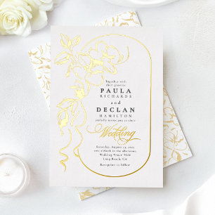 Invitación Con Relieve Metalizado Flores Dibujadas a Mano Boda Blanca Elegante