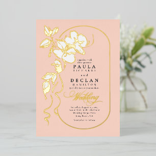 Invitación Con Relieve Metalizado Flores Dibujadas a Mano Elegantes Suaves Melocotón