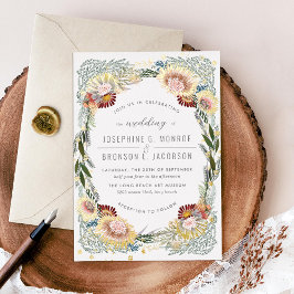 Invitación Con Relieve Metalizado Flores Dibujadas Boda Única Dorada