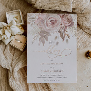 Invitación Con Relieve Metalizado Flores Divinas de Oro Rosa Escritura Elegante Boda