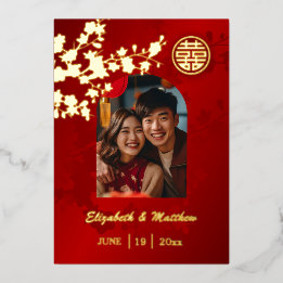 Invitación Con Relieve Metalizado Flores Doradas Rojas | Boda China | Foto