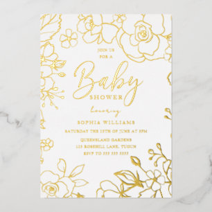 Invitación Con Relieve Metalizado Flores Elegantes Doradas para Baby Shower de Oro R