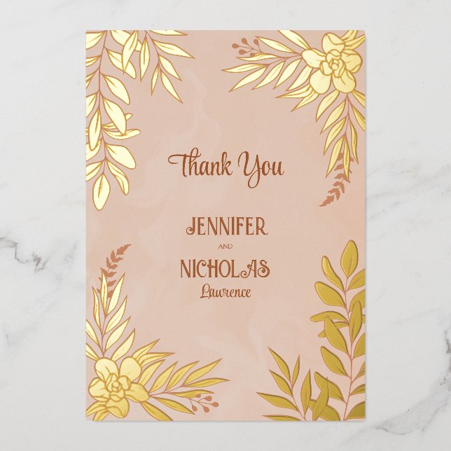 Invitación Con Relieve Metalizado Flores elegantes y adornos de hojas para Boda (Anverso)