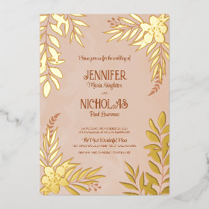 Invitación Con Relieve Metalizado Flores elegantes y adornos de hojas para Boda