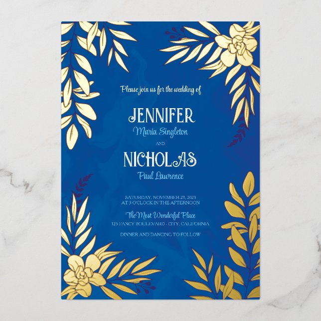 Invitación Con Relieve Metalizado Flores elegantes y adornos de hojas para Boda (Anverso)