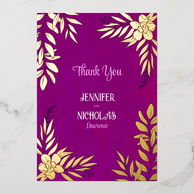 Invitación Con Relieve Metalizado Flores elegantes y adornos de hojas para Boda (Anverso)