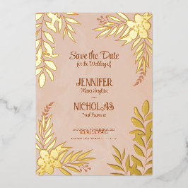 Invitación Con Relieve Metalizado Flores Elegantes Y Adornos De Hojas para Boda F