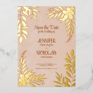 Invitación Con Relieve Metalizado Flores Elegantes Y Adornos De Hojas para Boda F