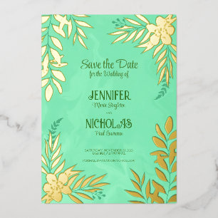 Invitación Con Relieve Metalizado Flores elegantes y adornos de hojas para el Boda F