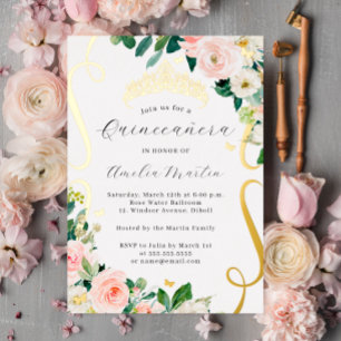 Invitación Con Relieve Metalizado Flores florales de oro de Rubor Desplazar Quincean