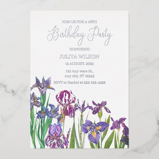 Invitación Con Relieve Metalizado Flores Iris Fiesta de cumpleaños (Anverso)