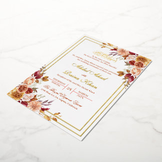 Invitación Con Relieve Metalizado Flores islámicas botánicas Borgoña Nikkah Oro